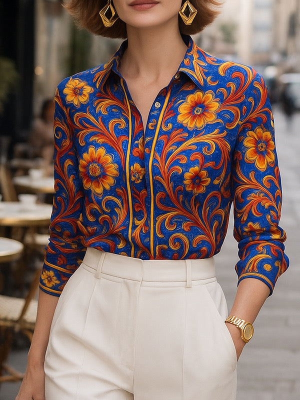 Flower Print Blouse | Stylish Long Sleeve Lapel Shirt 0