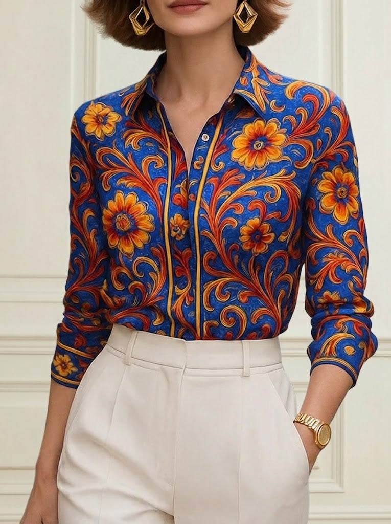 Flower Print Blouse | Stylish Long Sleeve Lapel Shirt 1