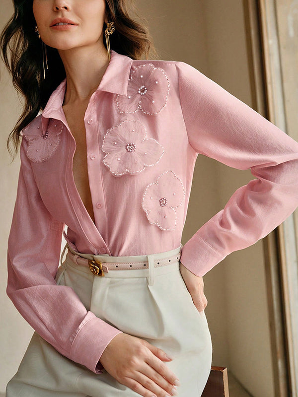 Lapel Blouses | Elegant Applique Long Sleeve Tops 0