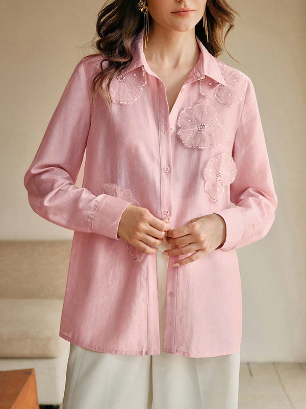 Lapel Blouses | Elegant Applique Long Sleeve Tops 1