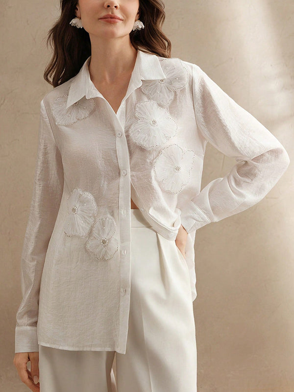 Lapel Blouses | Elegant Applique Long Sleeve Tops 5