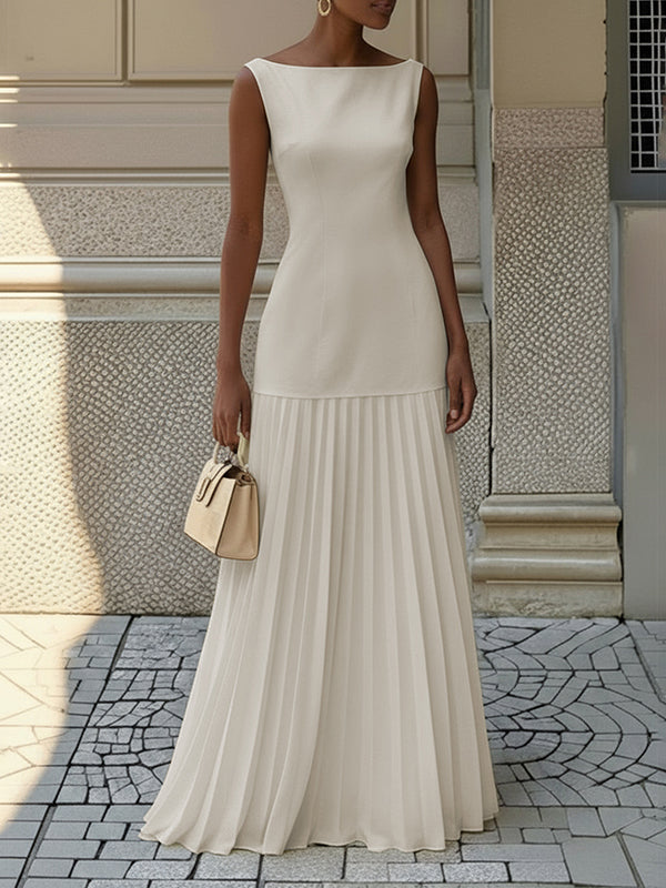 Maxi Evening Dress | Elegant Pleated Sleeveless Boat Neck Dress 2
