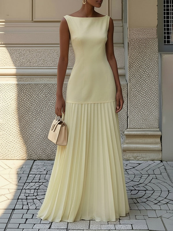 Maxi Evening Dress | Elegant Pleated Sleeveless Boat Neck Dress 3