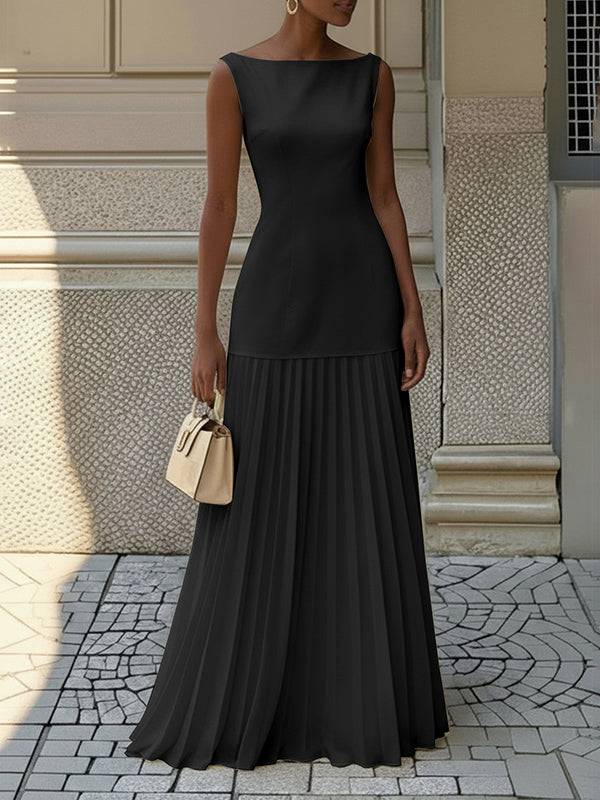 Maxi Evening Dress | Elegant Pleated Sleeveless Boat Neck Dress 4