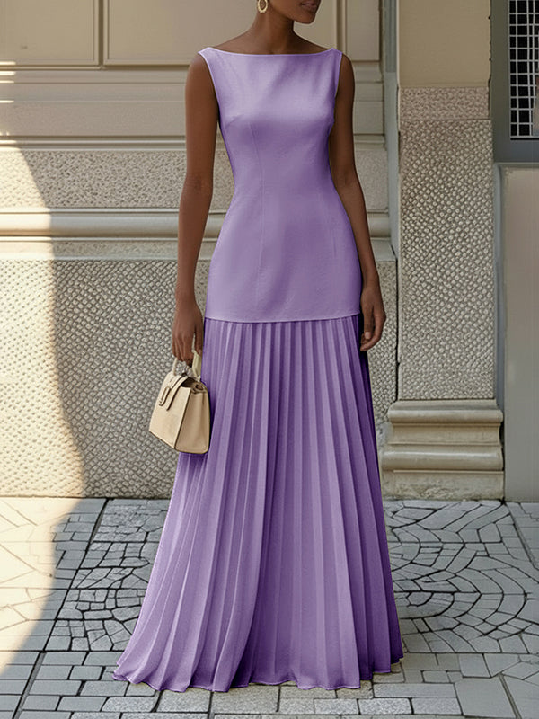 Maxi Evening Dress | Elegant Pleated Sleeveless Boat Neck Dress 6