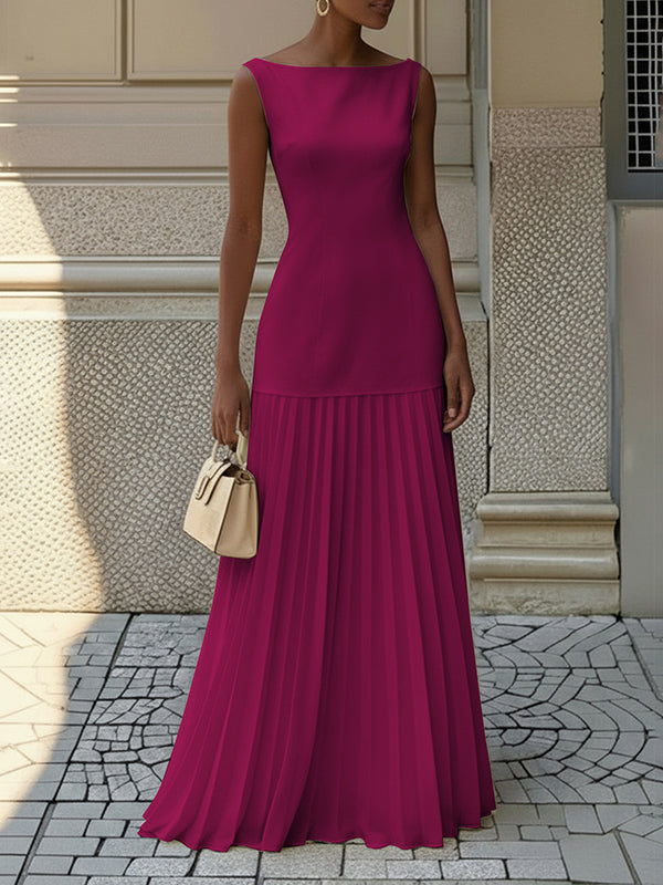 Maxi Evening Dress | Elegant Pleated Sleeveless Boat Neck Dress 7